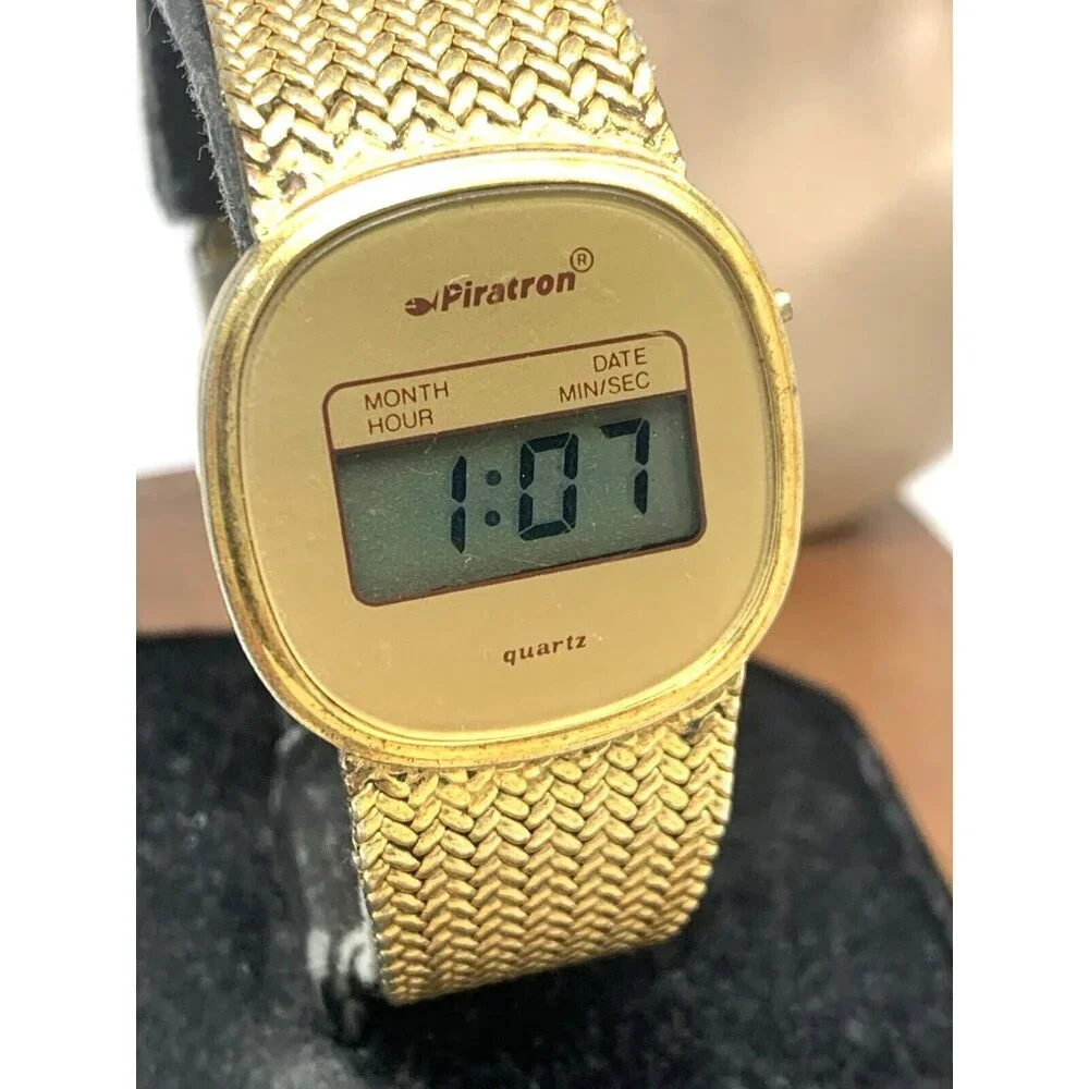 Piratron Men's Watch P-3000 Vintage Digital Quartz Gold Stainless Steel 30mm